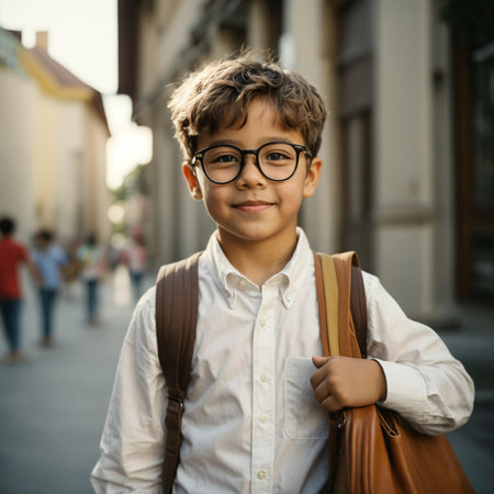 Funny smart kid with glasses looking smilingの素材
