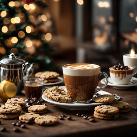 a beautiful cup of coffee on the Christmas tableの素材