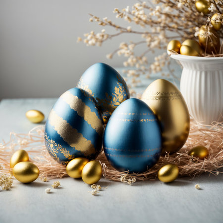 easter eggs in trendy classic blue and gold colorsの素材