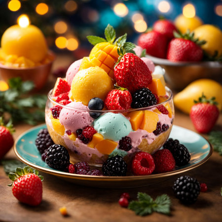 colorful ice cream in a beautiful plateの素材