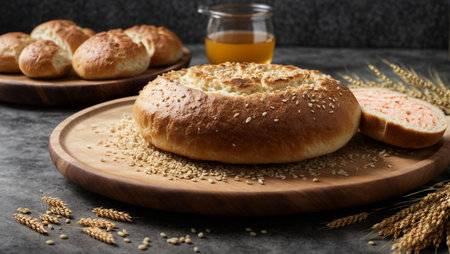 round bread in a wooden plate on a white backgroundの素材