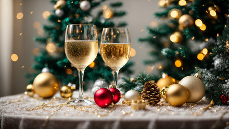 Two glasses of champagne on a background of a Christmas tree with a garlandの素材