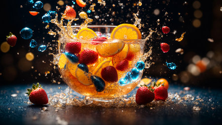 Fruit cocktail in a glass with splashes of water on a dark backgroundの素材