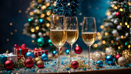 Three glasses of champagne and a Christmas tree on a bokeh-style background.の素材