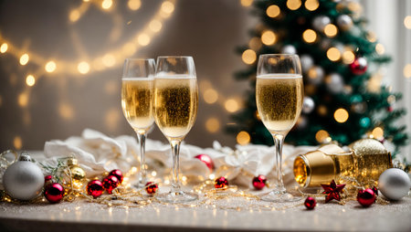 Two glasses of champagne with Christmas decorations on the background of the Christmas treeの素材