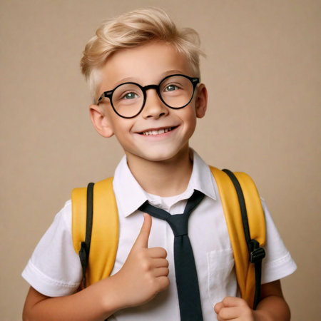 Portrait of a schoolboy with glasses and a backpack showing thumbs upの素材