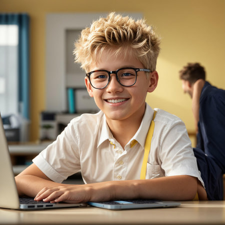Portrait of smiling boy in eyeglasses using laptop while sitting at table in classroomの素材
