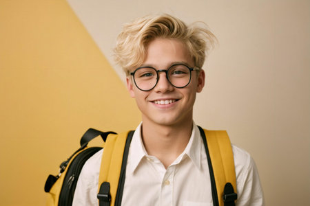 Portrait of a smiling schoolboy with backpack and eyeglassesの素材
