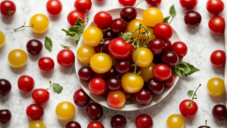 Red and yellow cherry tomatoes in a white bowl on a light background.の素材