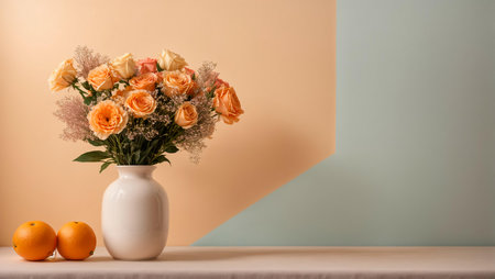 There is a vase of flowers by the light orange wallの素材