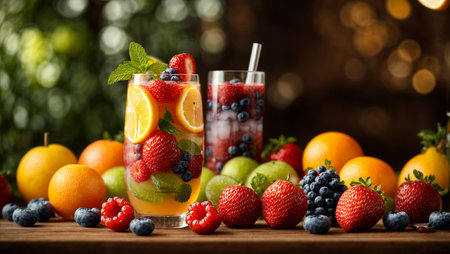 A fruit cocktail is a delicious drink made from fresh fruits and berries.の素材