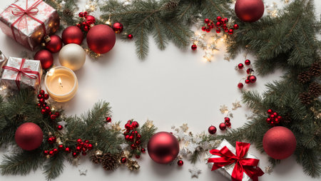 top view of a colorful Christmas and New Year composition with Christmas tree toysの素材