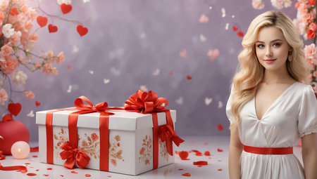 Blonde, young and beautiful girl with a Christmas gift box in her handsの素材