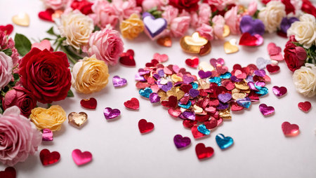 Multi-colored composition of hearts and flowers, top view.の素材