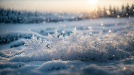Decorative winter blue background with snowflakes, waves and snow embodies the atmosphere of magic and cold beauty of the winter season.の素材