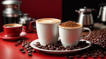 view of a white cup with coffee and coffee beans on a red background,の素材