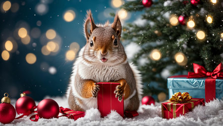 Fluffy squirrel with a New Years gift on a New Years backgroundの素材