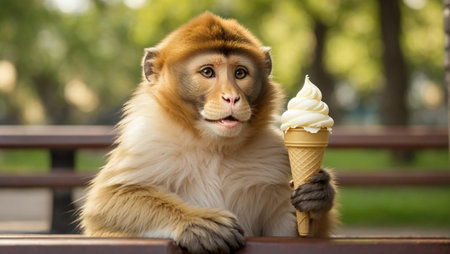 A little monkey with an ice cream cone sits on a benchの素材