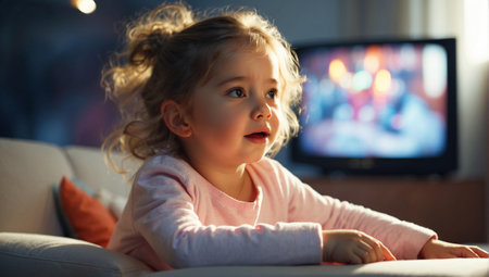 A baby girl in a white shirt sits on the couch in front of the TV.の素材