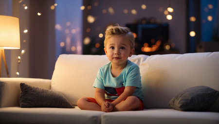 A little boy in a blue t-shirt sits on the couch in the room.の素材