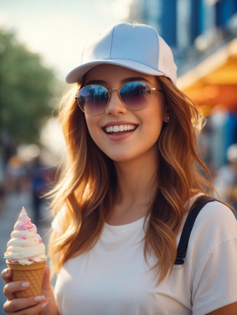Beautiful, smiling girl with an ice cream cone with glassesの素材