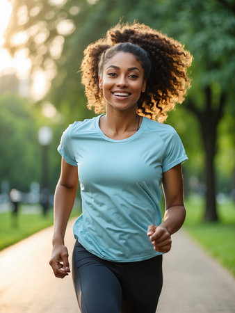 Running African-American girl running in a green park, morning jog.の素材