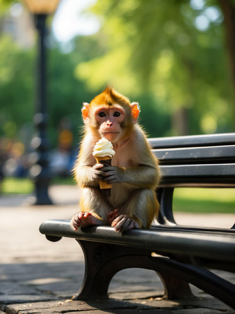 A little monkey with an ice cream cone sits on a benchの素材