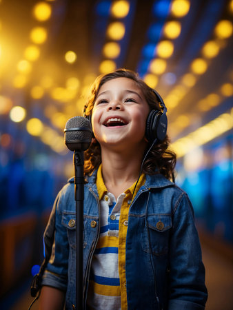Singing smiling boy with long hair sings into a microphone against a blue and yellow magical background.の素材