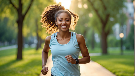 Running African-American girl running in a green park, morning jog.の素材