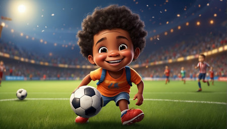 Funny African-American man jumps with a soccer ballの素材