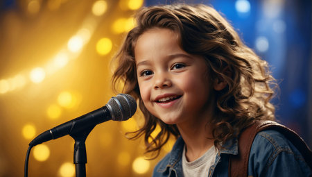 Singing smiling boy with long hair sings into a microphone against a blue and yellow magical background.の素材