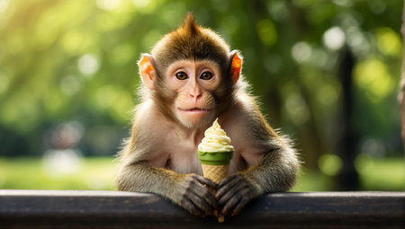A little monkey with an ice cream cone sits on a benchの素材