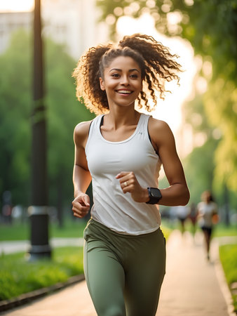 Running African-American girl running in a green park, morning jog.の素材