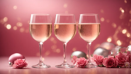 three champagne glasses on a pink backgroundの素材