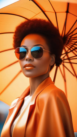 An African-American woman wearing sunglasses holds an orange umbrellaの素材