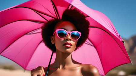 African American woman wearing pink sunglasses holding a pink umbrellaの素材