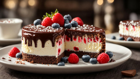 chocolate cheesecakes with cream sauce and berry fillingの素材