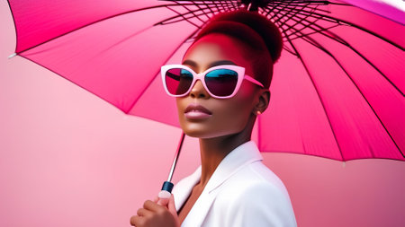 An African-American woman wearing white sunglasses holds a pink umbrellaの素材