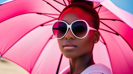 An African-American woman wearing white sunglasses holds a pink umbrellaの素材