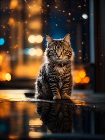 A cat sits on a reflective surfaceの素材