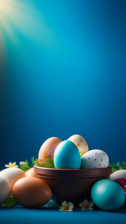 Multicolored Easter eggs in a cupの素材