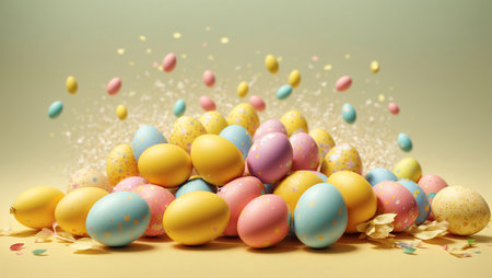 Colorful Easter eggs flying through the airの素材