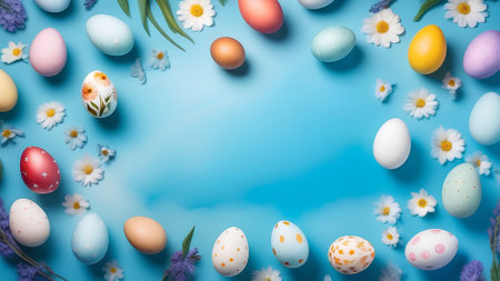 Easter eggs with patterns and flowers on a blue backgroundの素材