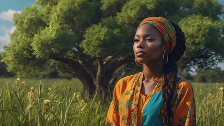 Portrait of a beautiful African woman with braids in the fieldの素材