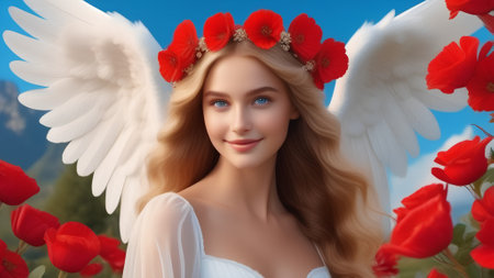 Beautiful young woman with white wings and red poppies.の素材