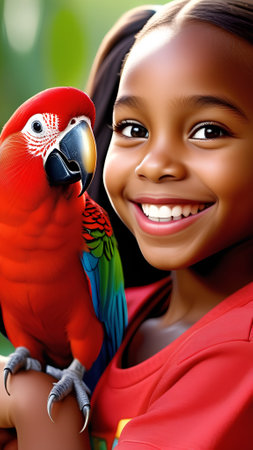 Portrait of a smiling African American girl with parrotの素材