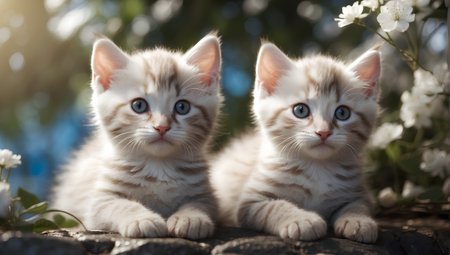 Two cute british shorthair kittens with blue eyes on natural backgroundの素材