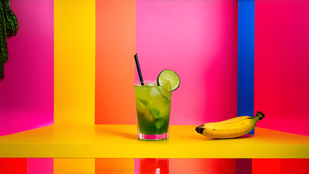 Glass of cocktail with lime and banana on a colorful background with stripesの素材