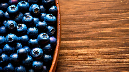 Blueberries in a wooden bowl on a rustic wooden table. Top view.の素材