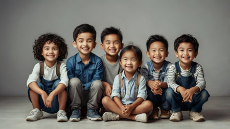 group of happy Asian kids sitting on floor and looking at cameraの素材
